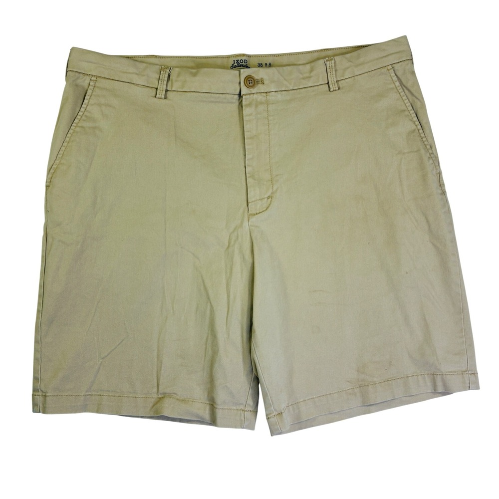IZOD Saltwater Stretch Mens Khaki Chino Shorts Tan 38 x 9.5 Inseam Flat Front
